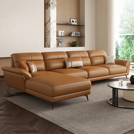 Tear Resistant L-Shaped Leather Tan Sofa with Chaise Image - 1