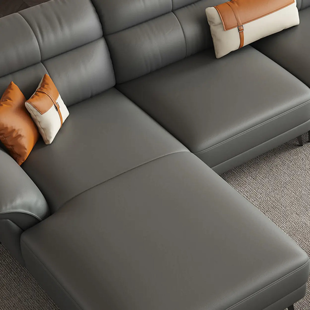 Tear Resistant L-Shaped Leather Tan Sofa with Chaise Image - 10