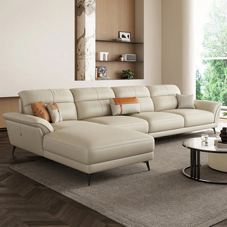 Tear Resistant L-Shaped Leather Tan Sofa with Chaise Image - 2
