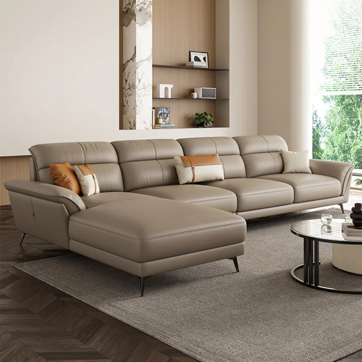 Tear Resistant L-Shaped Leather Tan Sofa with Chaise Image - 3