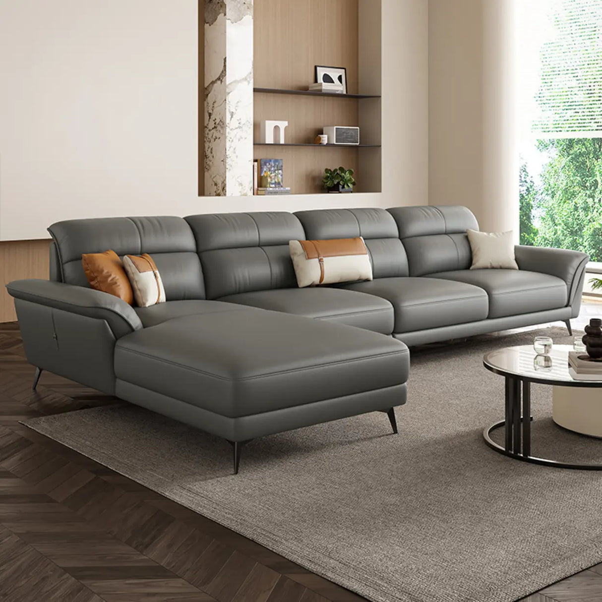 Tear Resistant L-Shaped Leather Tan Sofa with Chaise Image - 4