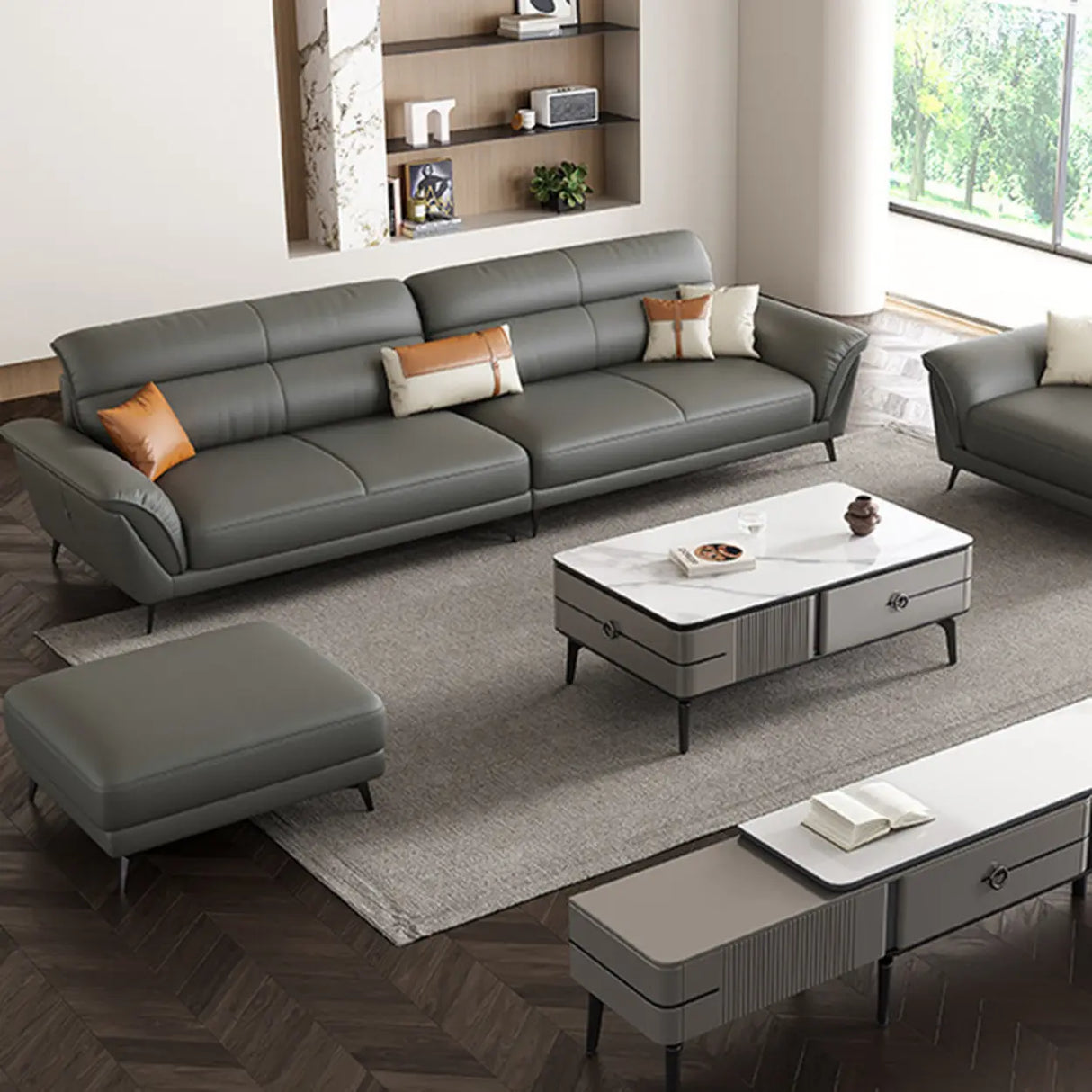 Tear Resistant L-Shaped Leather Tan Sofa with Chaise Image - 5