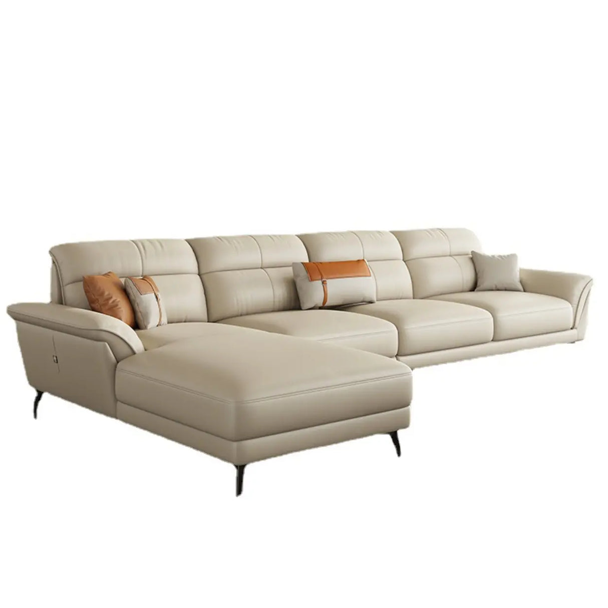 Tear Resistant L-Shaped Leather Tan Sofa with Chaise Image - 6