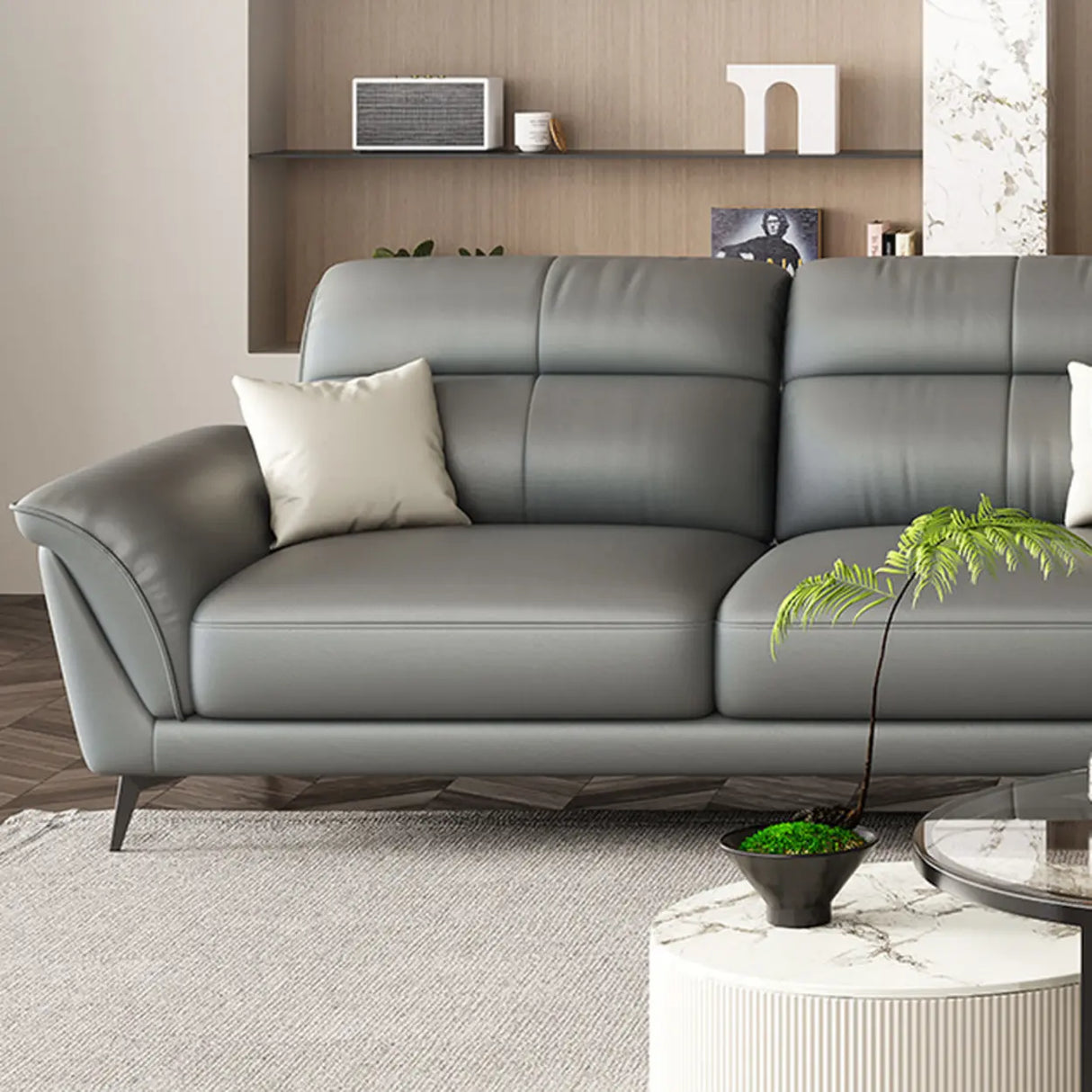 Tear Resistant L-Shaped Leather Tan Sofa with Chaise Image - 8