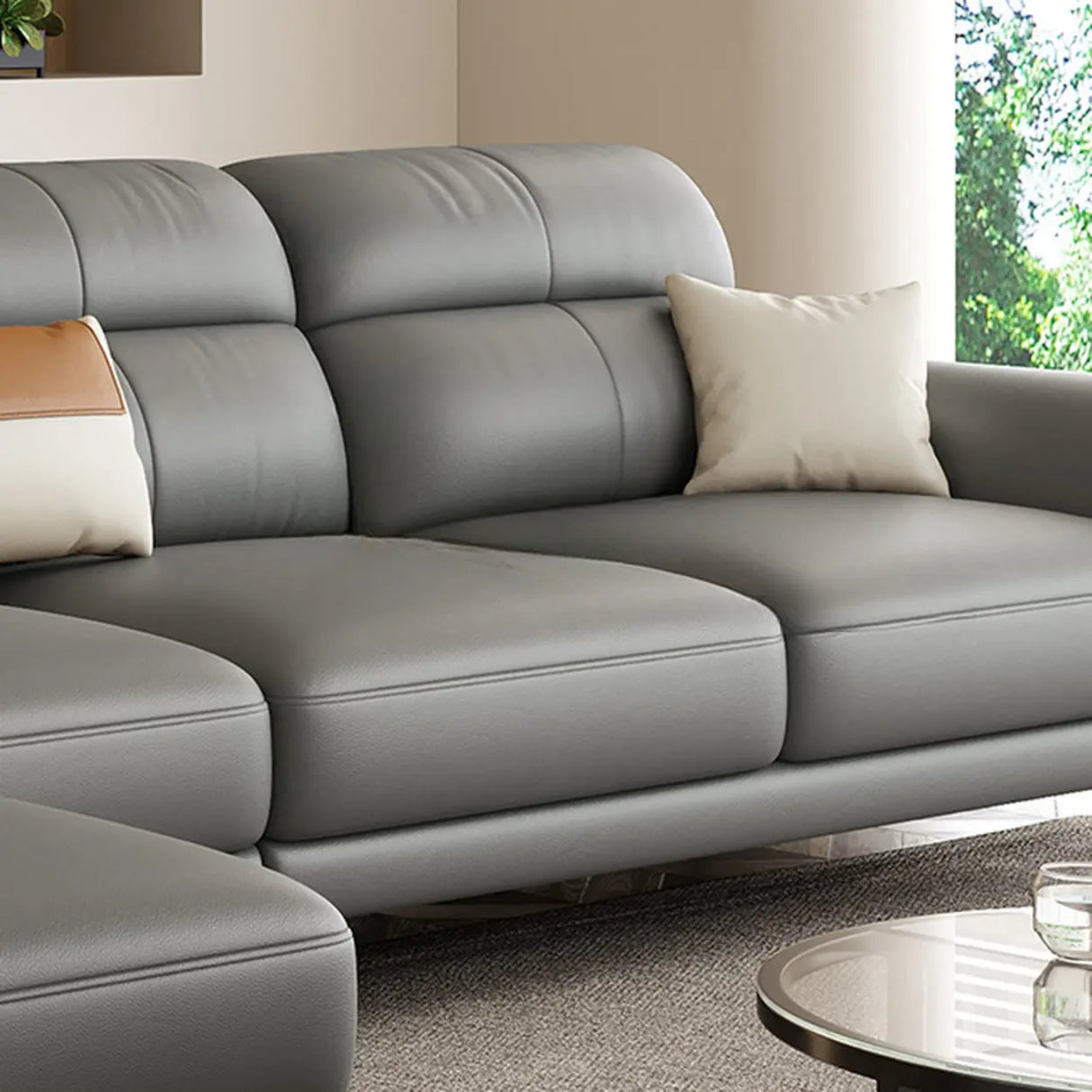 Tear Resistant L-Shaped Leather Tan Sofa with Chaise Image - 9
