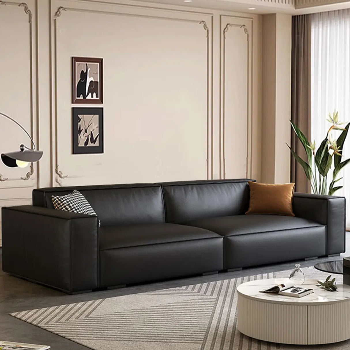 Tear Resistant Leather Square Arm Cushion Back Sofa Image - 1