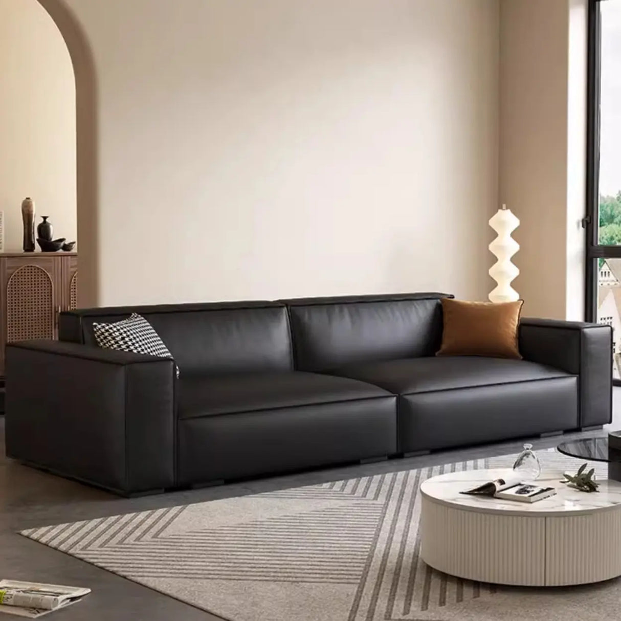Tear Resistant Leather Square Arm Cushion Back Sofa Image - 2