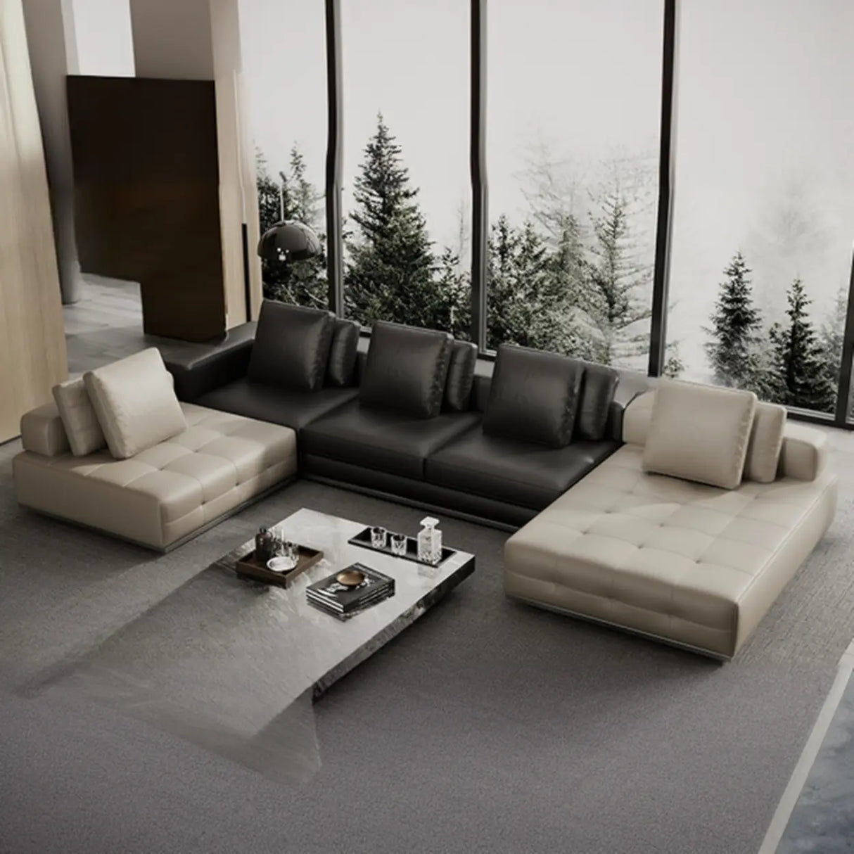 Tear Resistant U-Shape Leather Black Large Sectional Sofa Image - 7