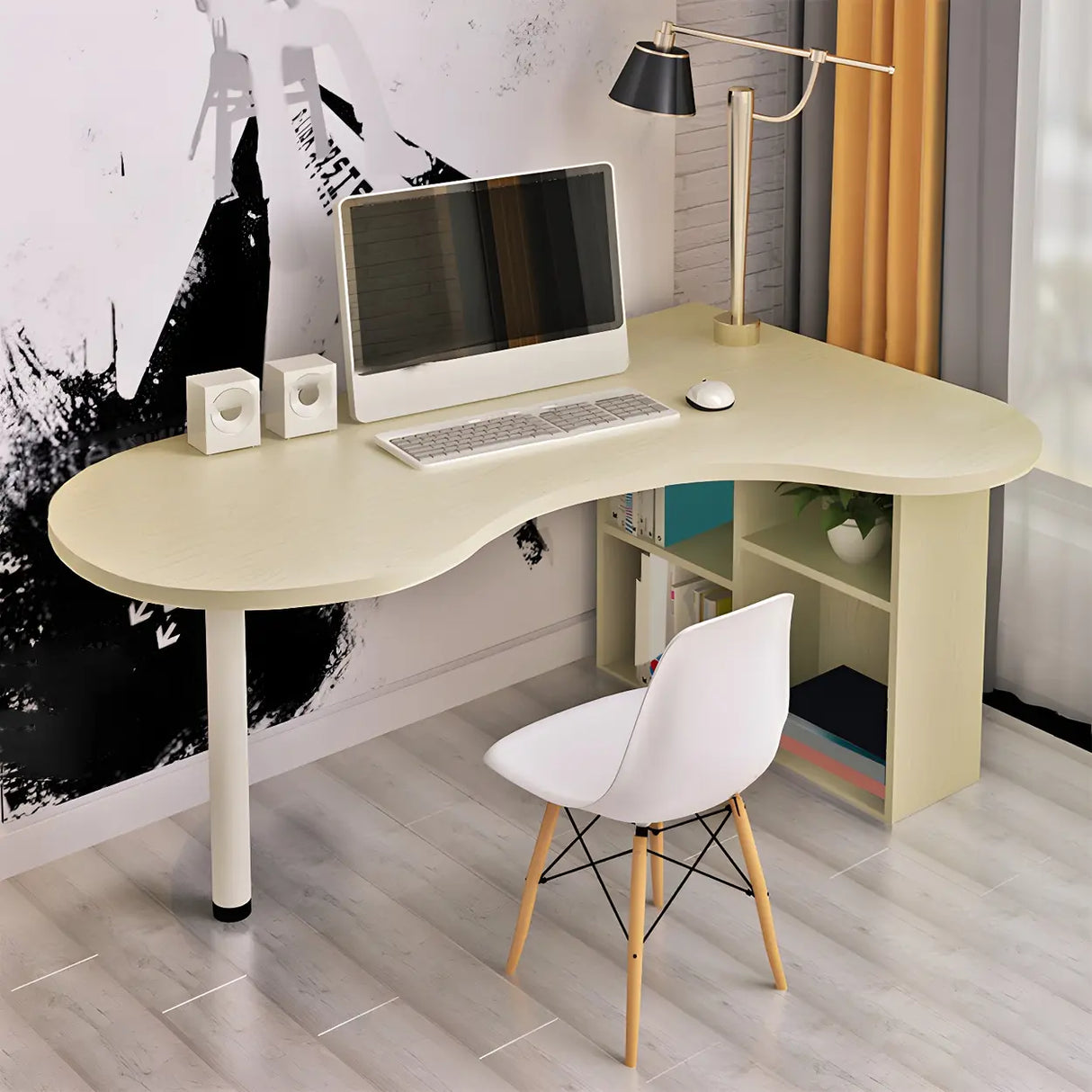 Textured White Wood Writing Desk with Exterior Shelf Image - 11