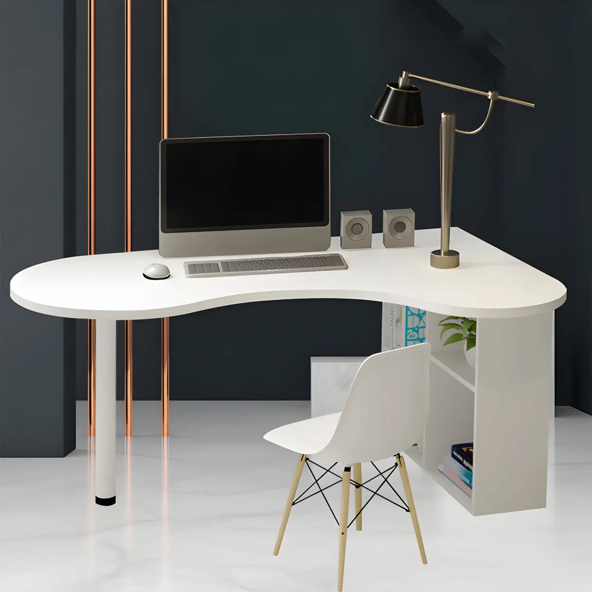 Textured White Wood Writing Desk with Exterior Shelf Image - 17