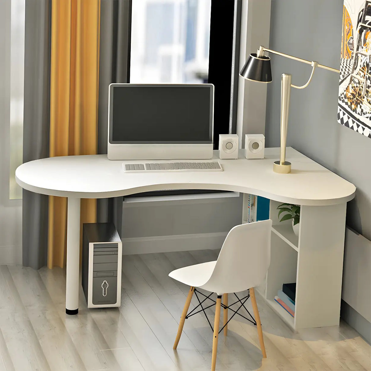 Textured White Wood Writing Desk with Exterior Shelf Image - 4