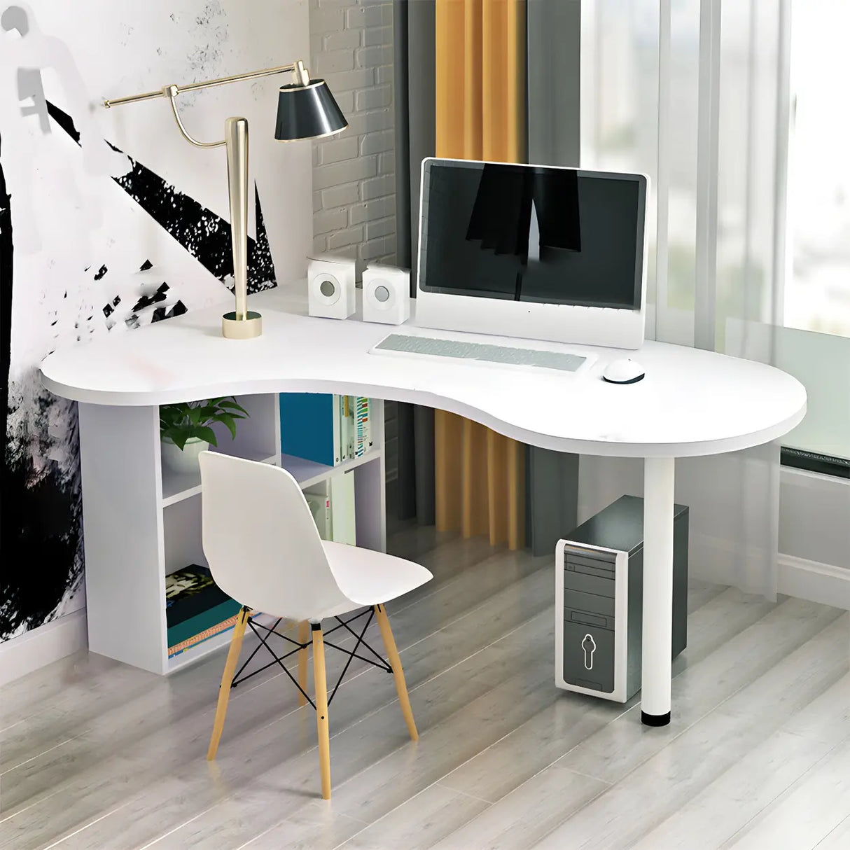 Textured White Wood Writing Desk with Exterior Shelf Image - 5