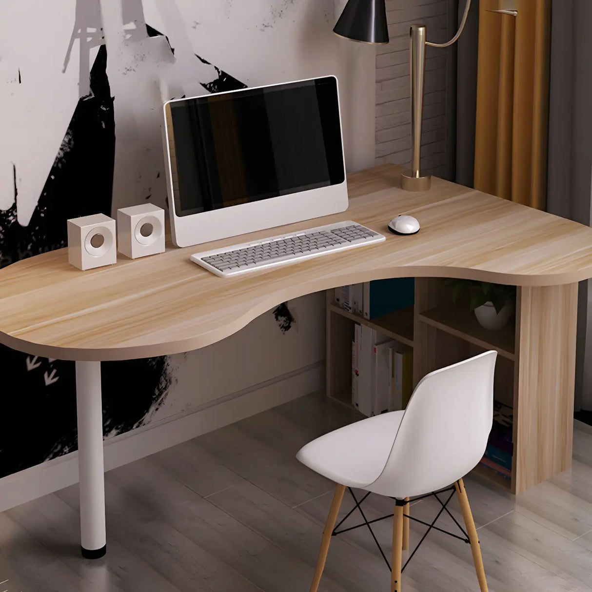 Textured White Wood Writing Desk with Exterior Shelf Image - 6