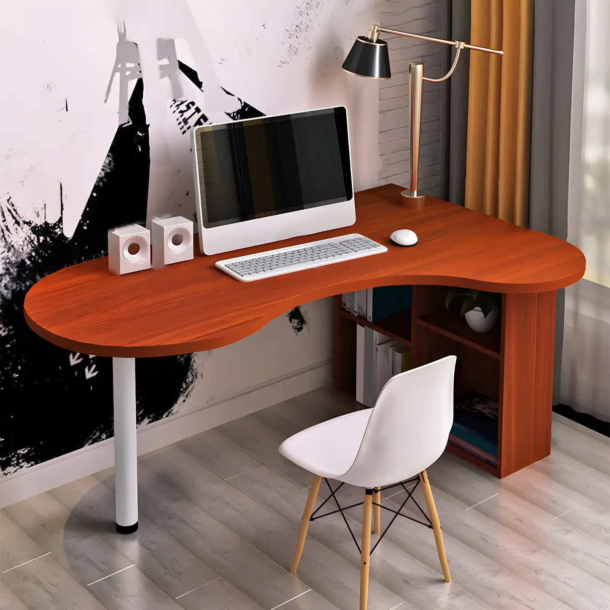 Textured White Wood Writing Desk with Exterior Shelf Image - 8