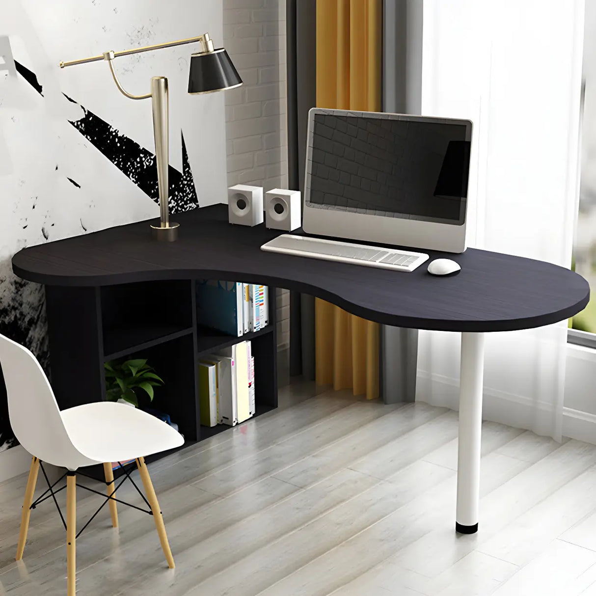 Textured White Wood Writing Desk with Exterior Shelf Image - 9