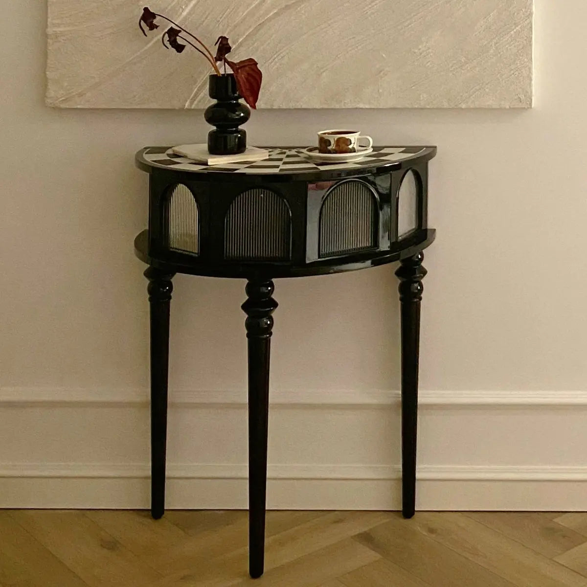 Three Leg Decorative Half Moon Black Wood Console Table Image - 3