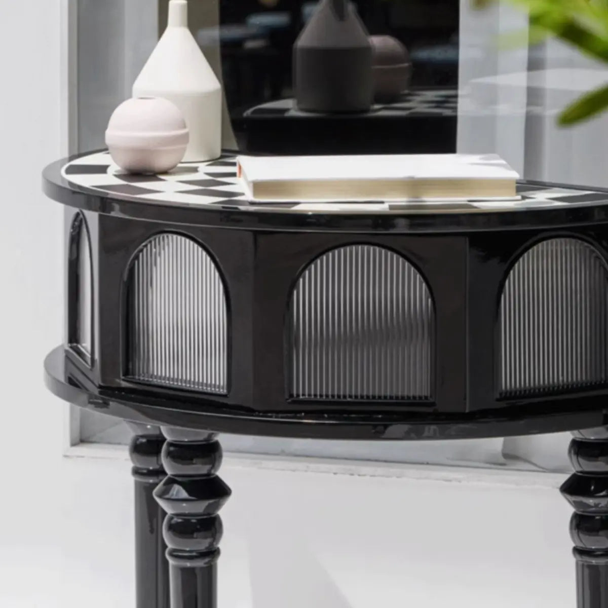 Three Leg Decorative Half Moon Black Wood Console Table Image - 4