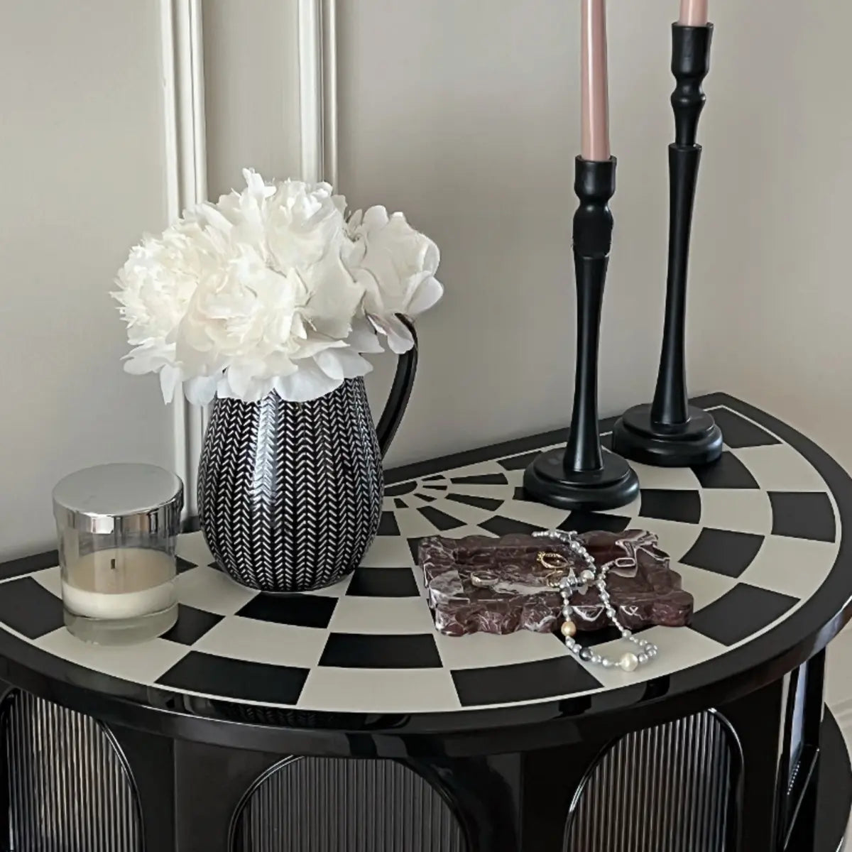 Three Leg Decorative Half Moon Black Wood Console Table Image - 6