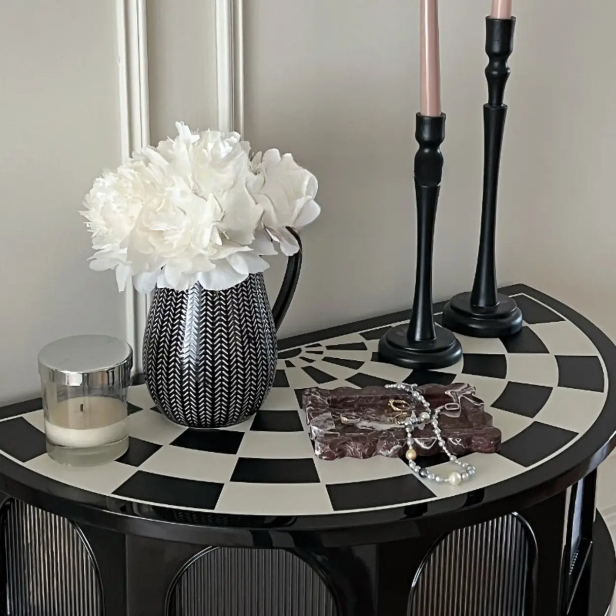 Three Leg Decorative Half Moon Black Wood Console Table Image - 6