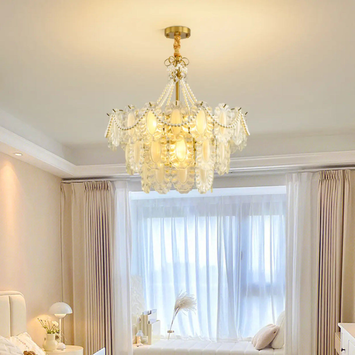Tiered Glass Gold Pearl Adjustable Height Bedroom Chandelier Image - 1