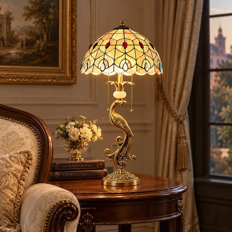 Tiffany Antique Stained Glass Shade Peacock Table Lamp