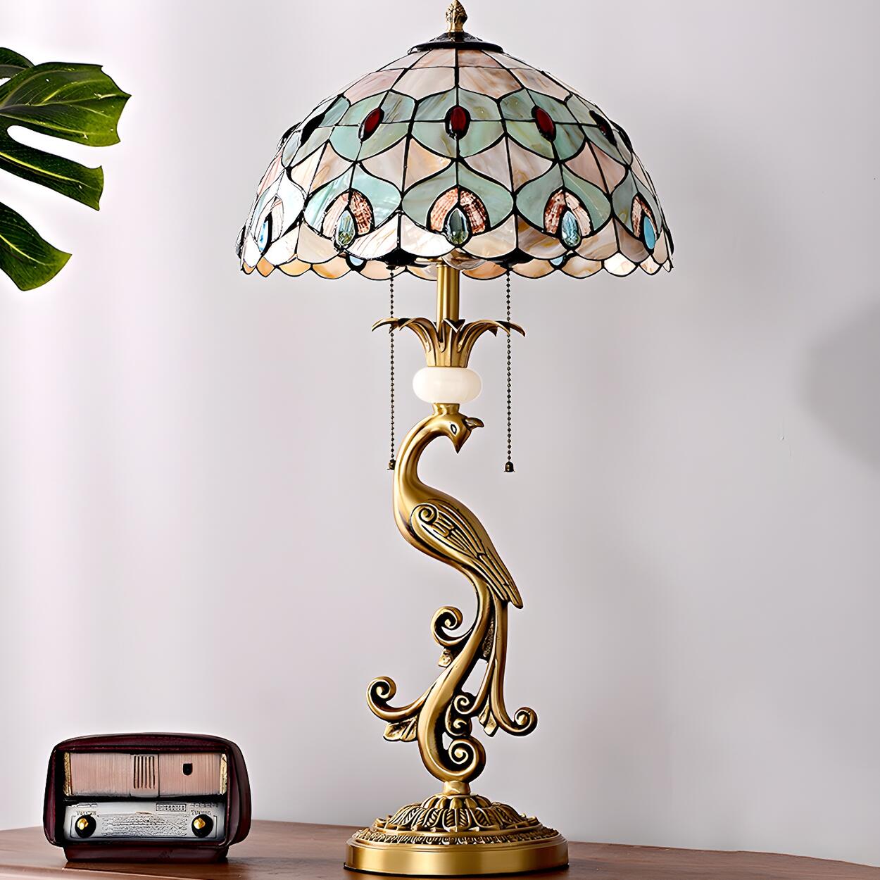 Tiffany Antique Stained Glass Shade Peacock Table Lamp – Homebaa