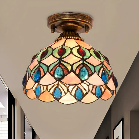 Tiffany Bowl-Shaped Stained Gem Glass Flush Mount Light Image - 1