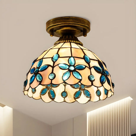 Tiffany Bowl-Shaped Stained Gem Glass Flush Mount Light Image - 2