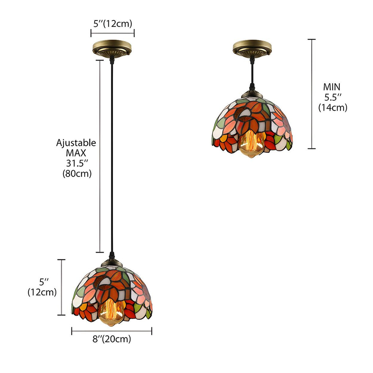 Tiffany Dome Floral Red Orange Stained Glass Pendant Light 