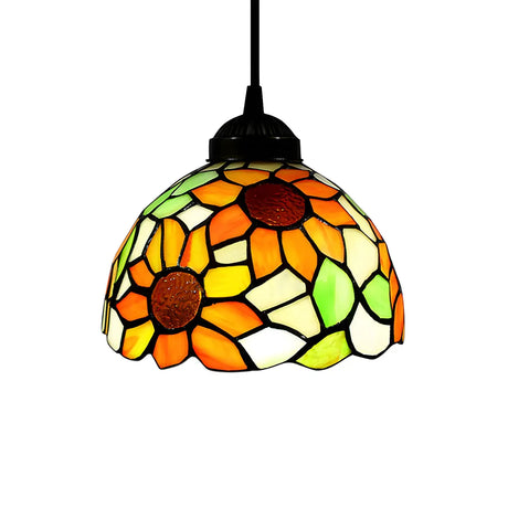 Tiffany Dome Floral Red Orange Stained Glass Pendant Light Image - 2