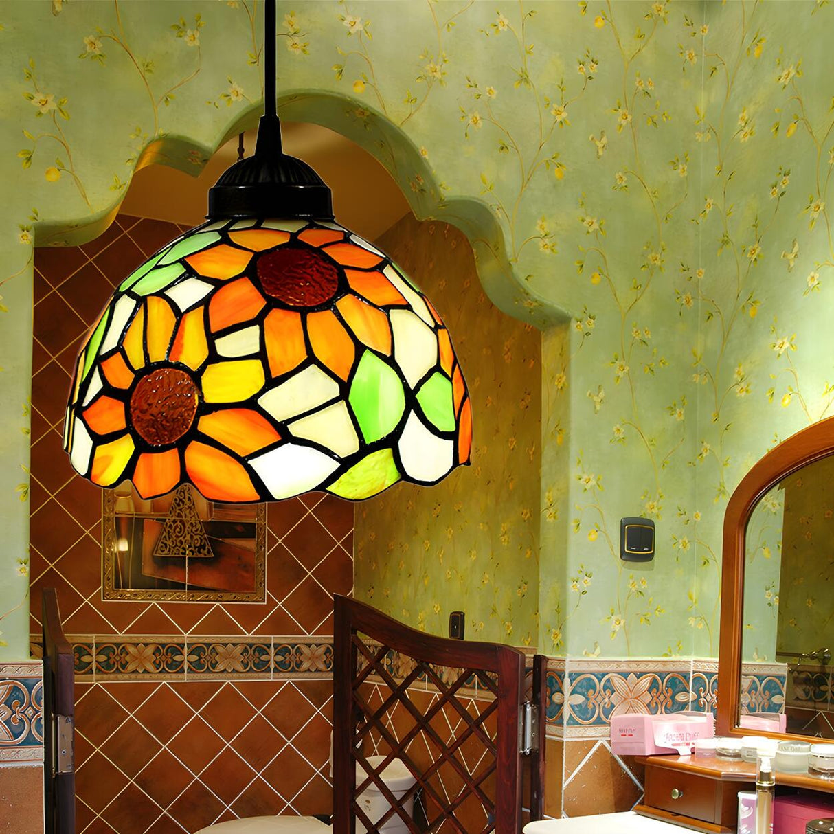 Tiffany Dome Floral Red Orange Stained Glass Pendant Light Image - 6