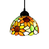 Tiffany Dome Floral Red Orange Stained Glass Pendant Light Image - 7