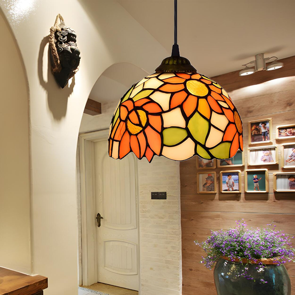Tiffany Dome Floral Red Orange Stained Glass Pendant Light Image - 8