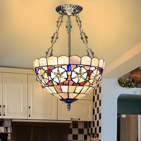 Tiffany Stained Glass Brass Bowl Semi-Flush Mount Light Image - 1