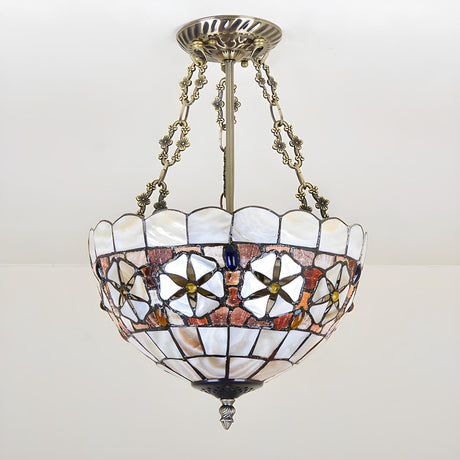 Tiffany Stained Glass Brass Bowl Semi-Flush Mount Light Image - 2