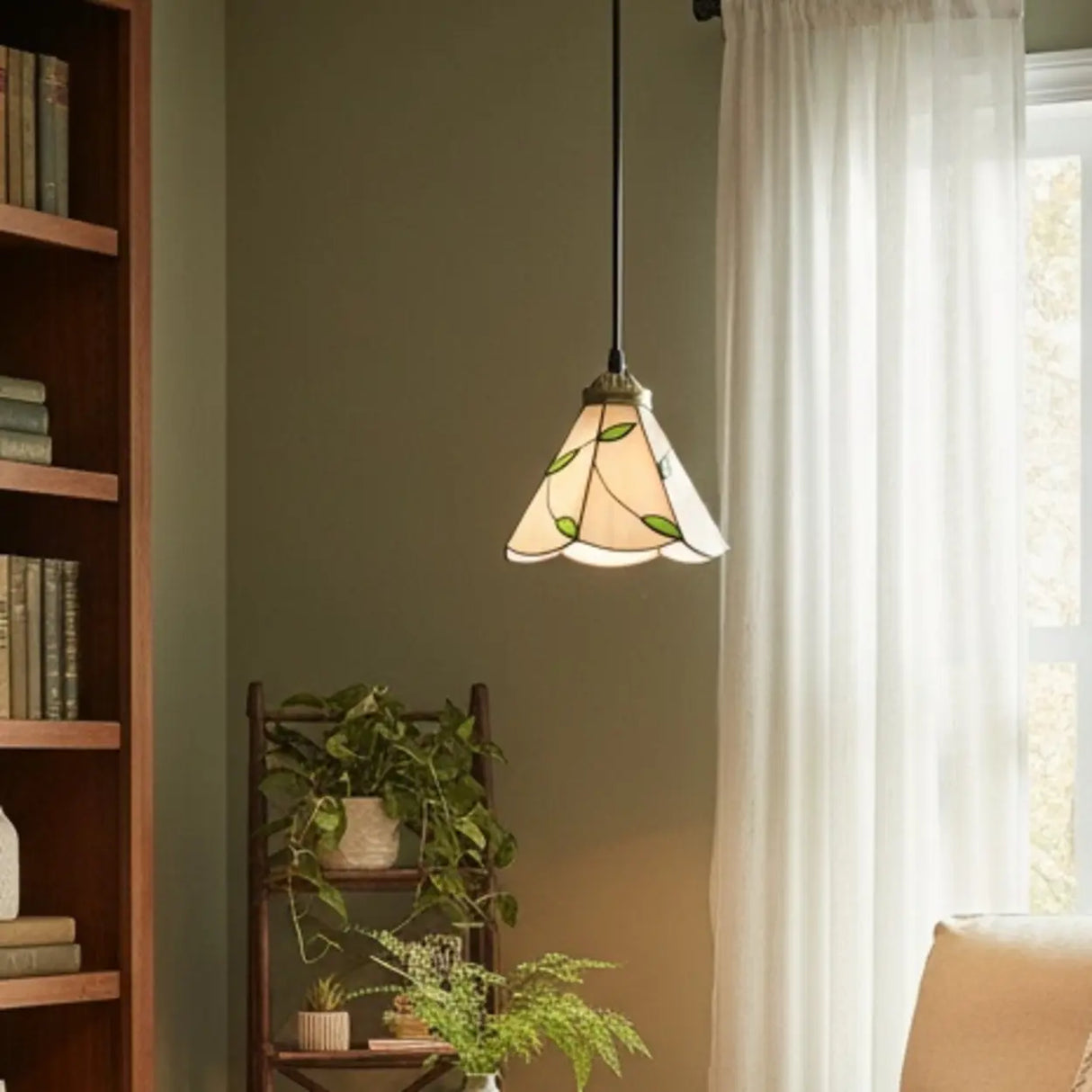 Tiffany Stained Glass Green Leaves Dome Pendant Light Image - 1
