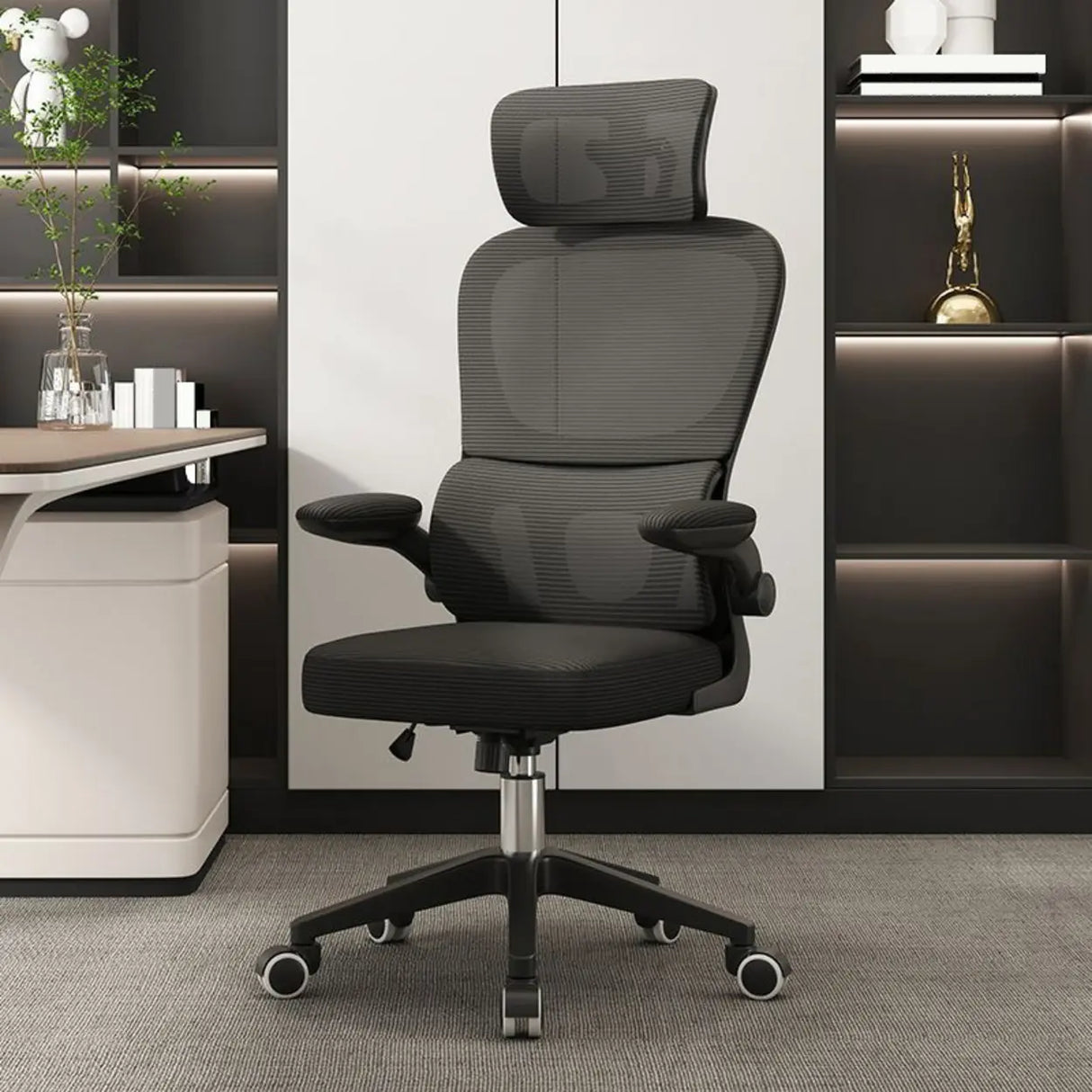 Tilt Mechanism Ergonomic Grey Adjustable Lumbar Office Chair Image - 2