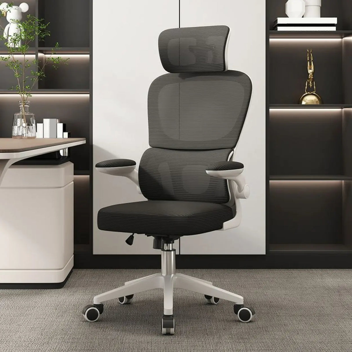 Tilt Mechanism Ergonomic Grey Adjustable Lumbar Office Chair Image - 3