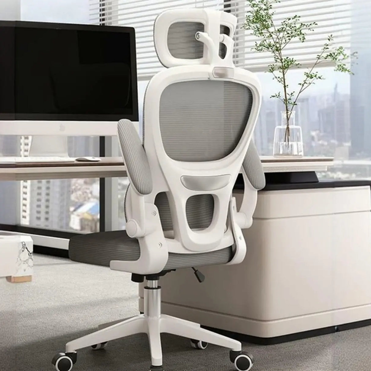 Tilt Mechanism Ergonomic Grey Adjustable Lumbar Office Chair Image - 4