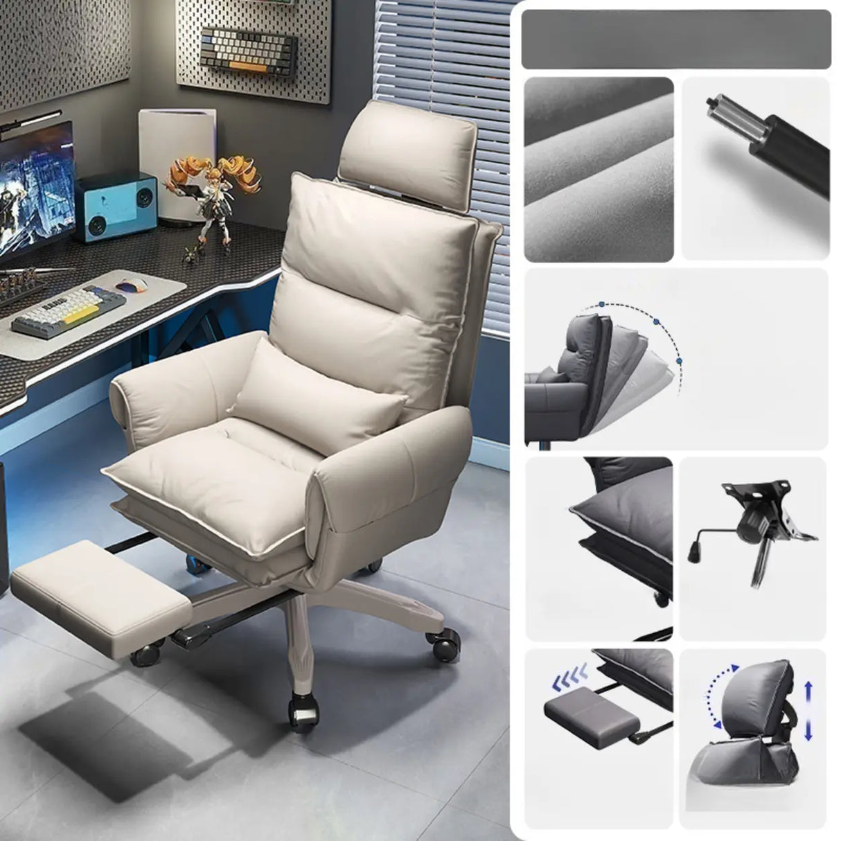 Tilt Swivel Ergonomic Recliner Gray Leather Office Chair Image - 11