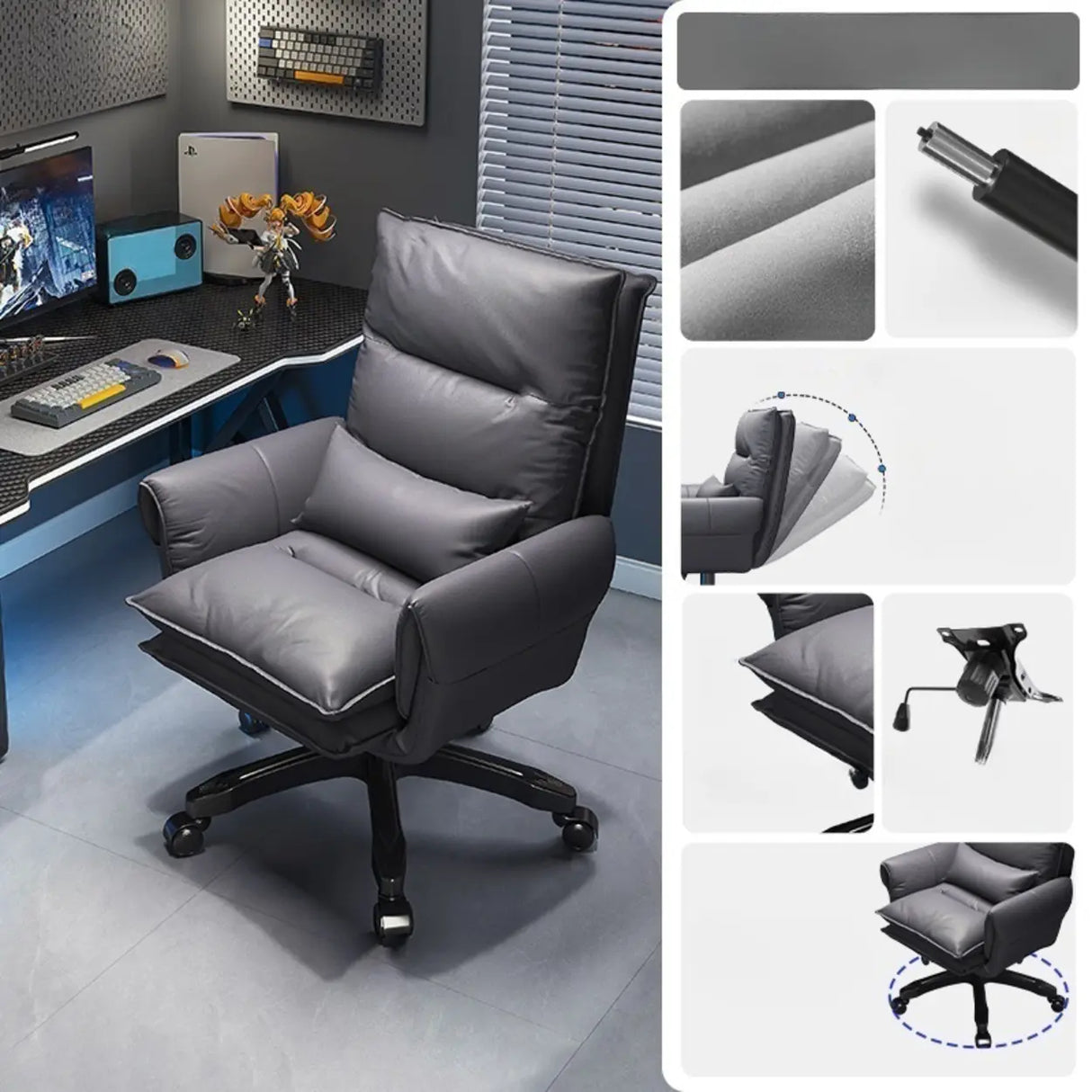 Tilt Swivel Ergonomic Recliner Gray Leather Office Chair Image - 13