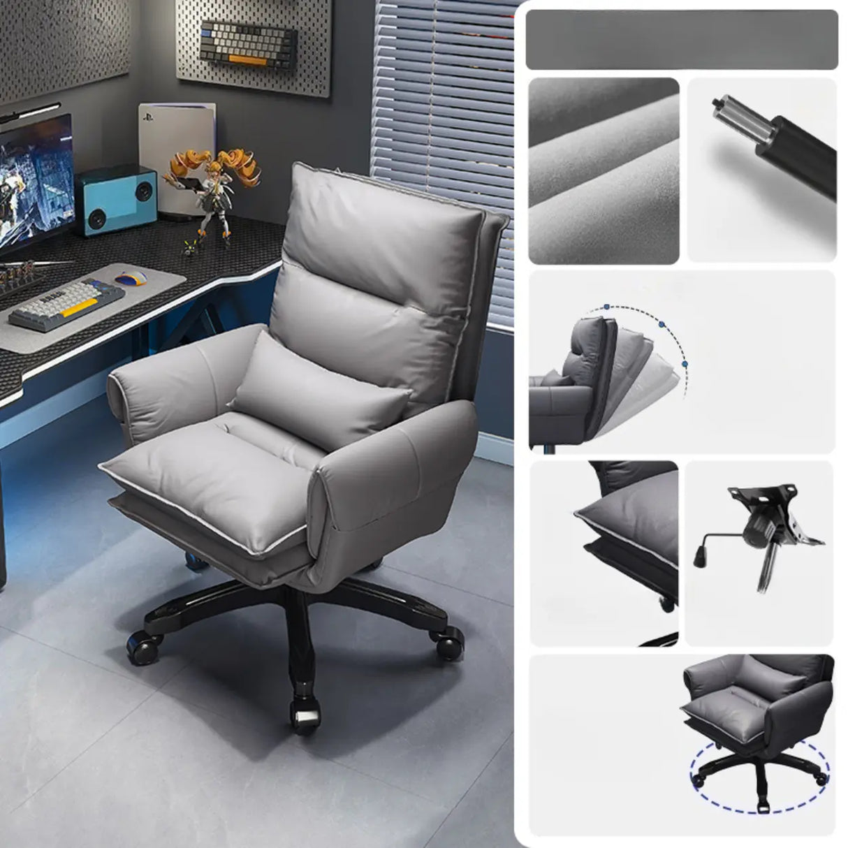 Tilt Swivel Ergonomic Recliner Gray Leather Office Chair Image - 15