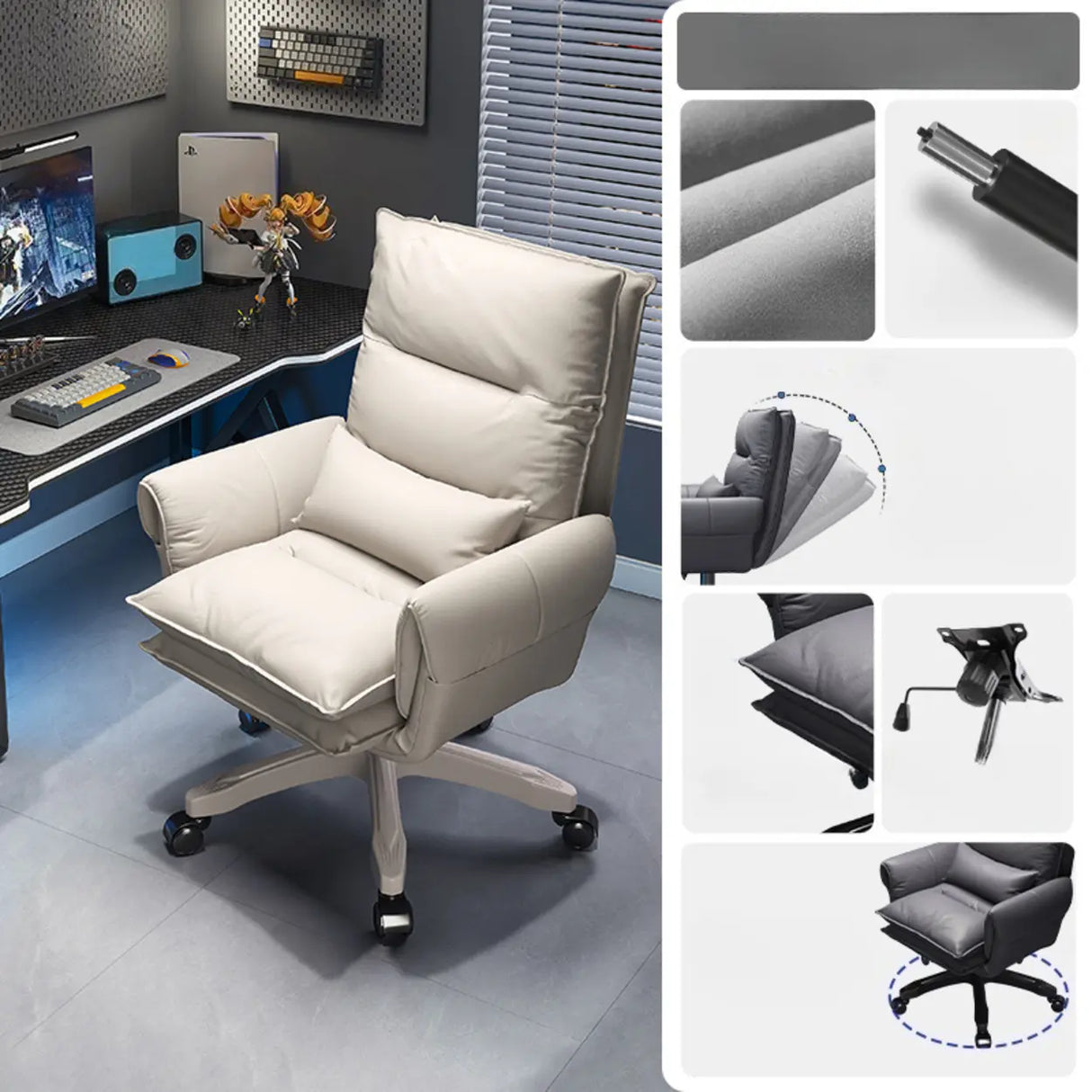 Tilt Swivel Ergonomic Recliner Gray Leather Office Chair Image - 17