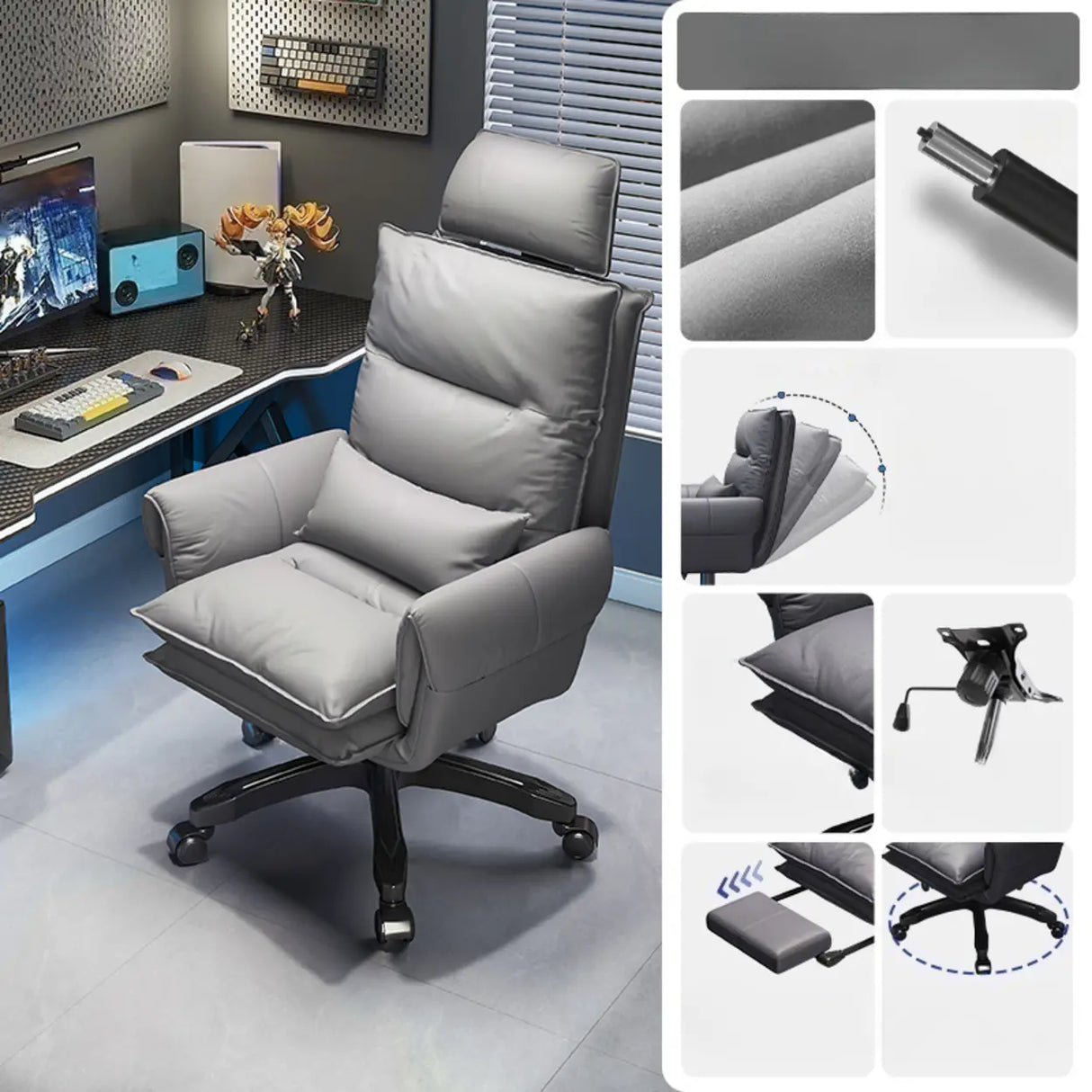 Tilt Swivel Ergonomic Recliner Gray Leather Office Chair Image - 3