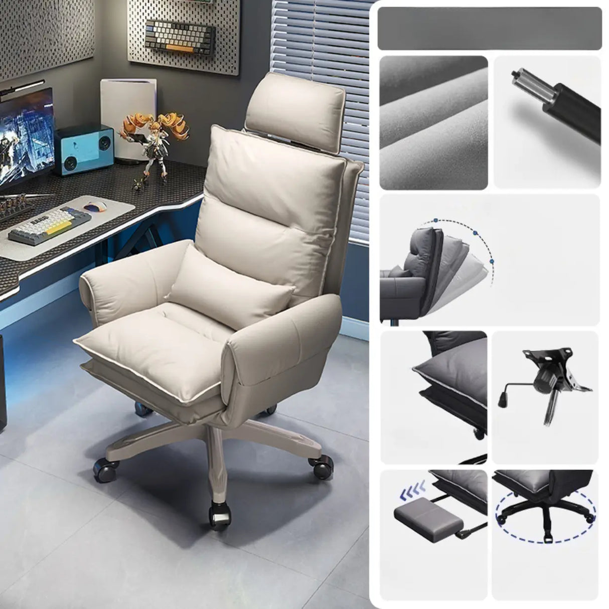 Tilt Swivel Ergonomic Recliner Gray Leather Office Chair Image - 6