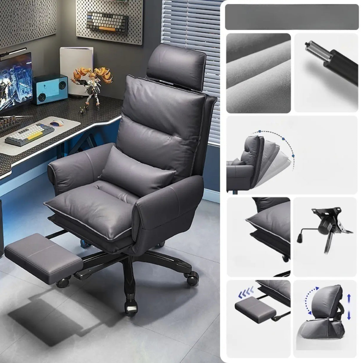 Tilt Swivel Ergonomic Recliner Gray Leather Office Chair Image - 8