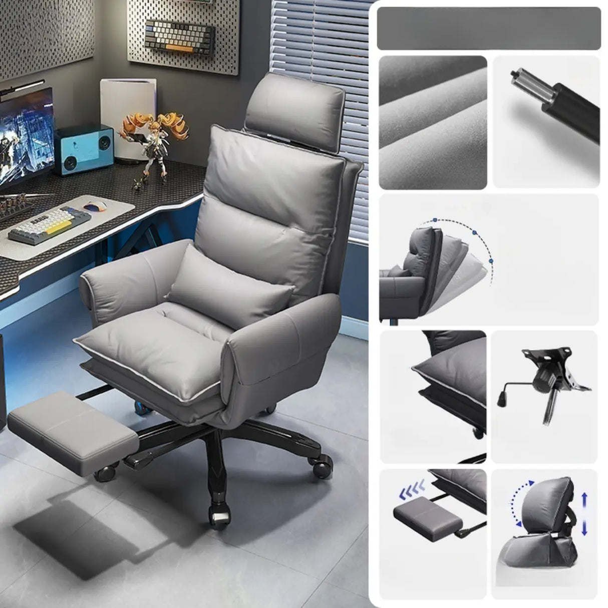 Tilt Swivel Ergonomic Recliner Gray Leather Office Chair Image - 9