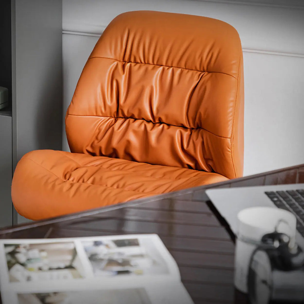Tilt Swivel Grey Leather Plush Office Chair with Casters Image - 12