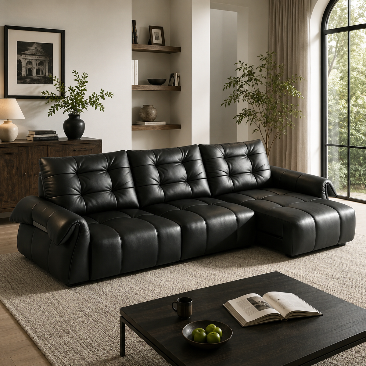 Black top-grain leather 3-seater reclining sofa with sliding chaise in a contemporary living room