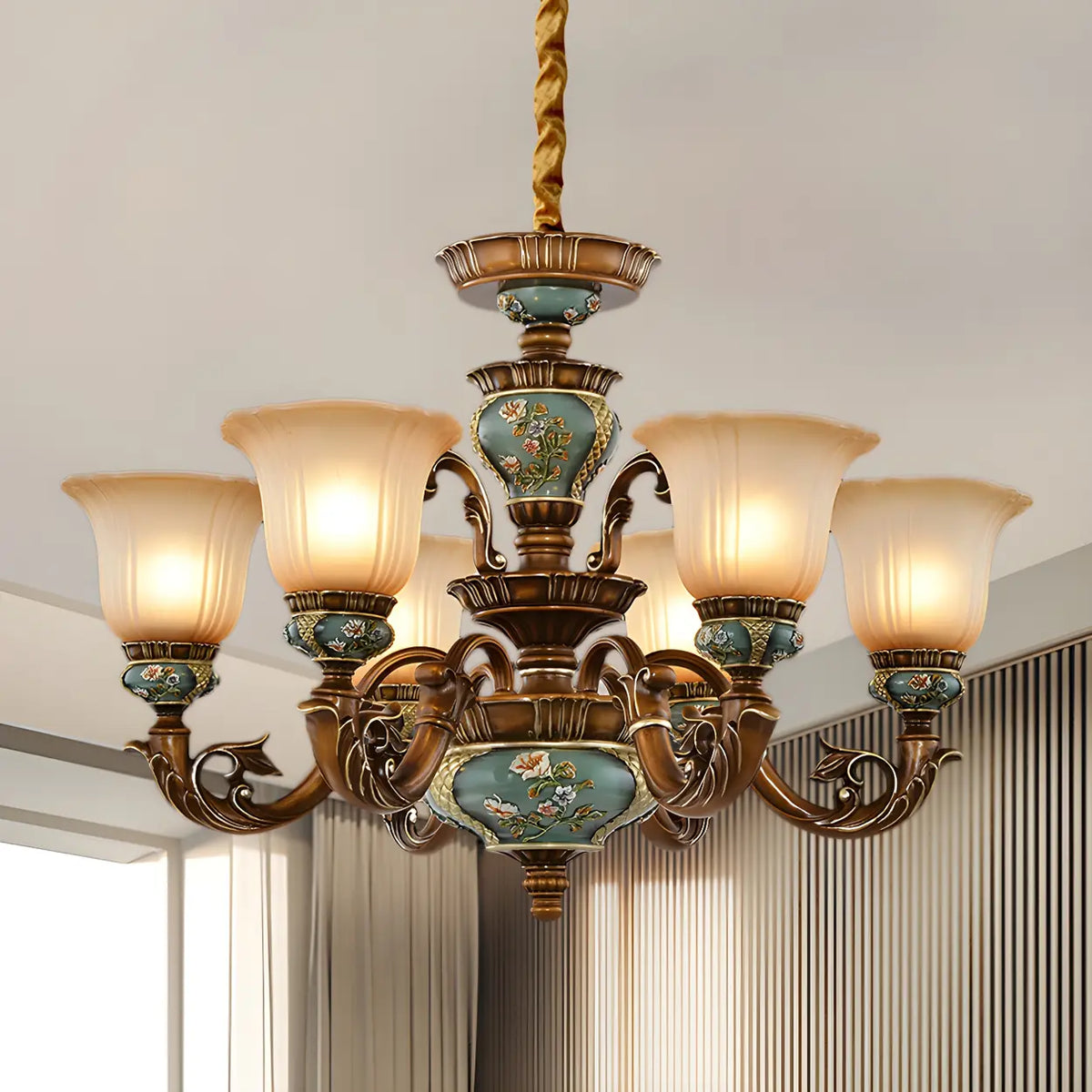 Traditional chandelier with frosted glass shades above an elegant dining area